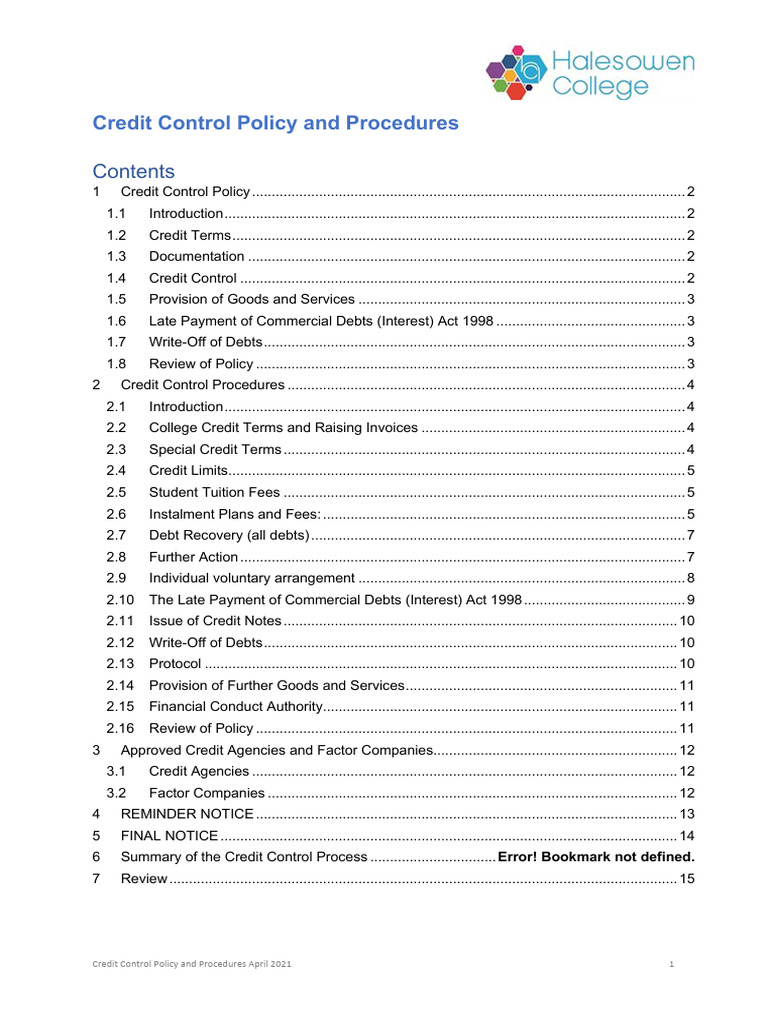Credit Control Policy Overview 2021 | PDF | Debt | Credit