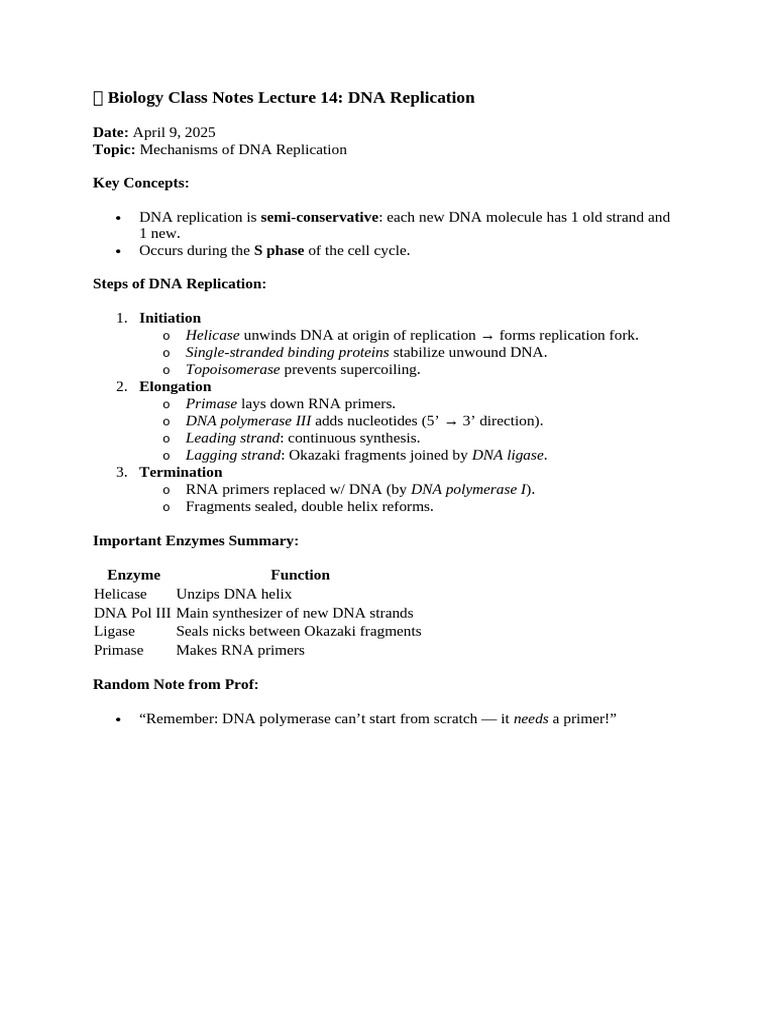 Biology Class Notes Lecture 14 - DNA Replication | PDF
