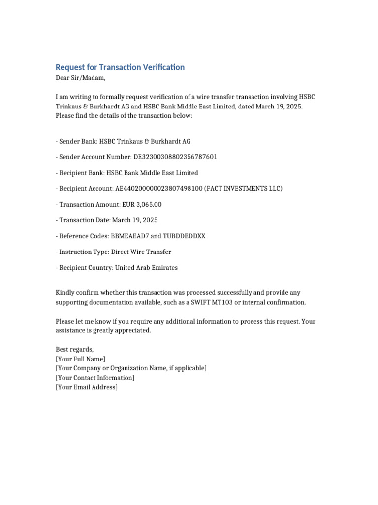 HSBC Transaction Verification Request | PDF