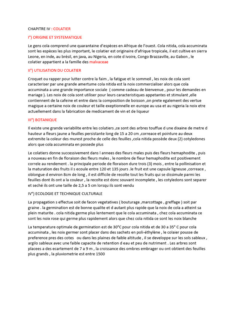 Culture et Utilisation du Colatier | PDF | Plantes | Botanique