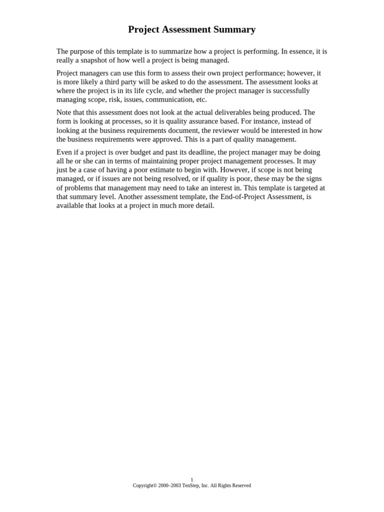 9 0ProjectAssessmentSummary | PDF | Project Management