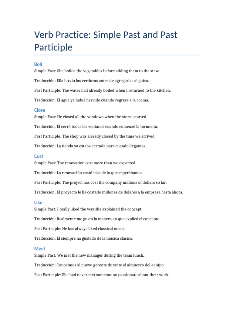 Práctica de Verbos: Pasado Simple y Participio | PDF