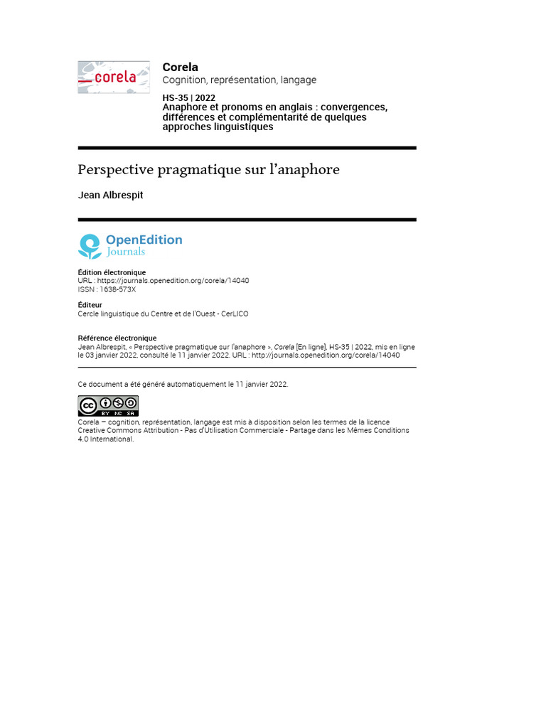 Anaphore et pragmatique linguistique | PDF | Discours (linguistique ...