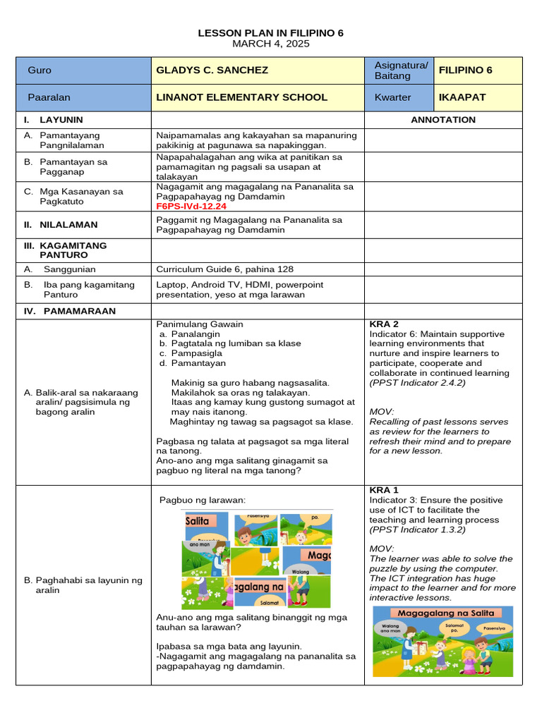 LP in Filipino 6 | PDF