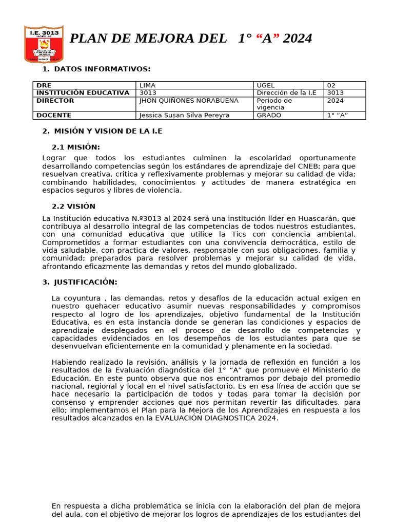 Plan de Mejora 1° A 2024 2do Bimestre | PDF | Evaluación | Educación de ...
