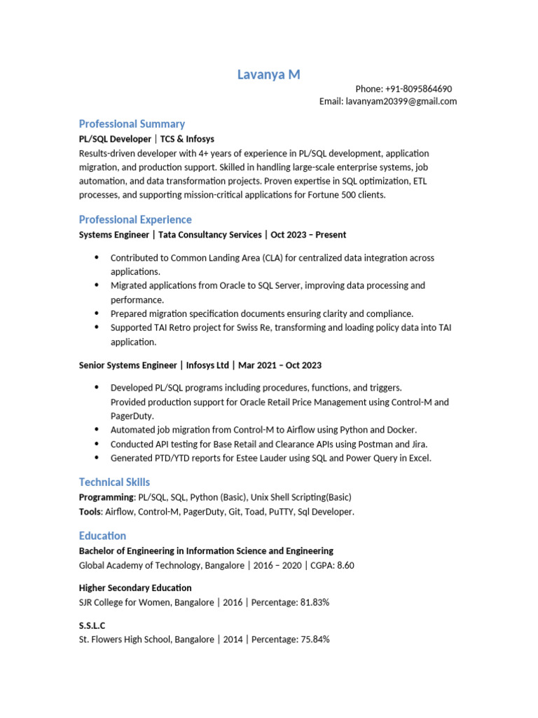 PL/SQL Developer Resume - Lavanya M | PDF