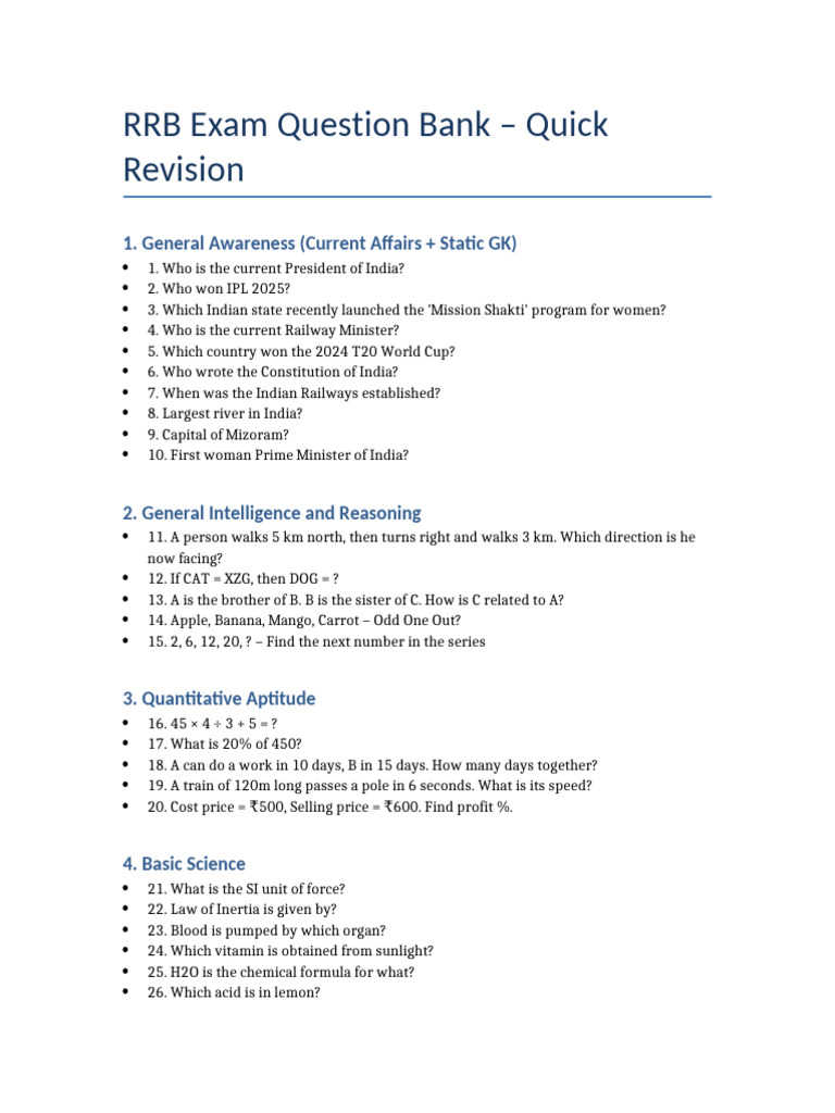 RRB Exam Question Bank Overview | PDF