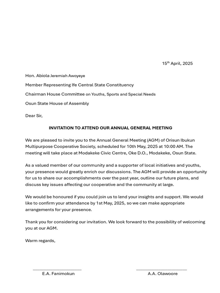 Invitation to Orisun Ibukun AGM 2025 | PDF