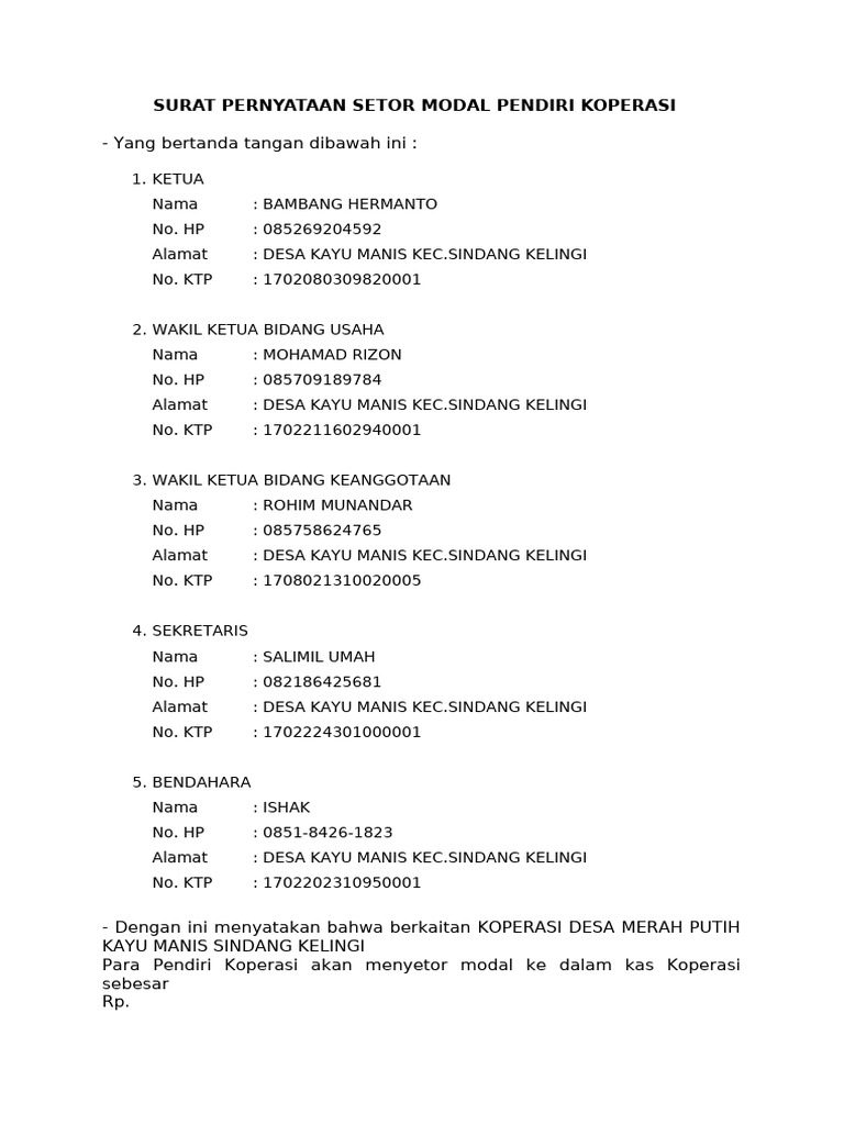 Surat Pernyataan Setor Modal Koperasi | PDF
