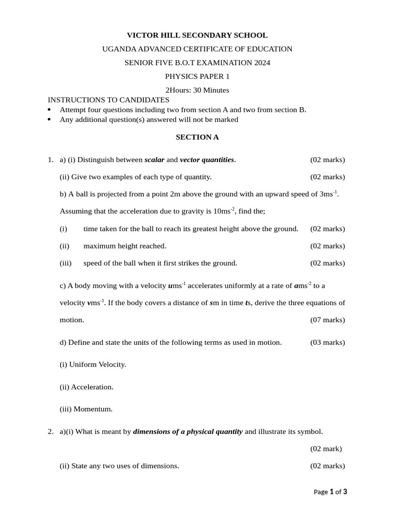 Senior Five Physics Exam Paper 2024 | PDF | Velocity | Acceleration