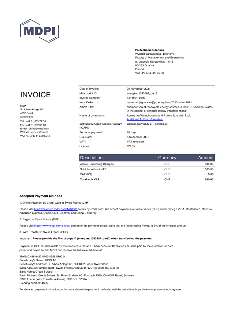 MDPI Invoice for Article Processing | PDF | Payments | Invoice