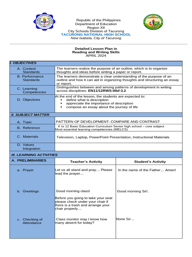 Detailed Lesson Plan: Writing Skills | PDF | Perception | Learning