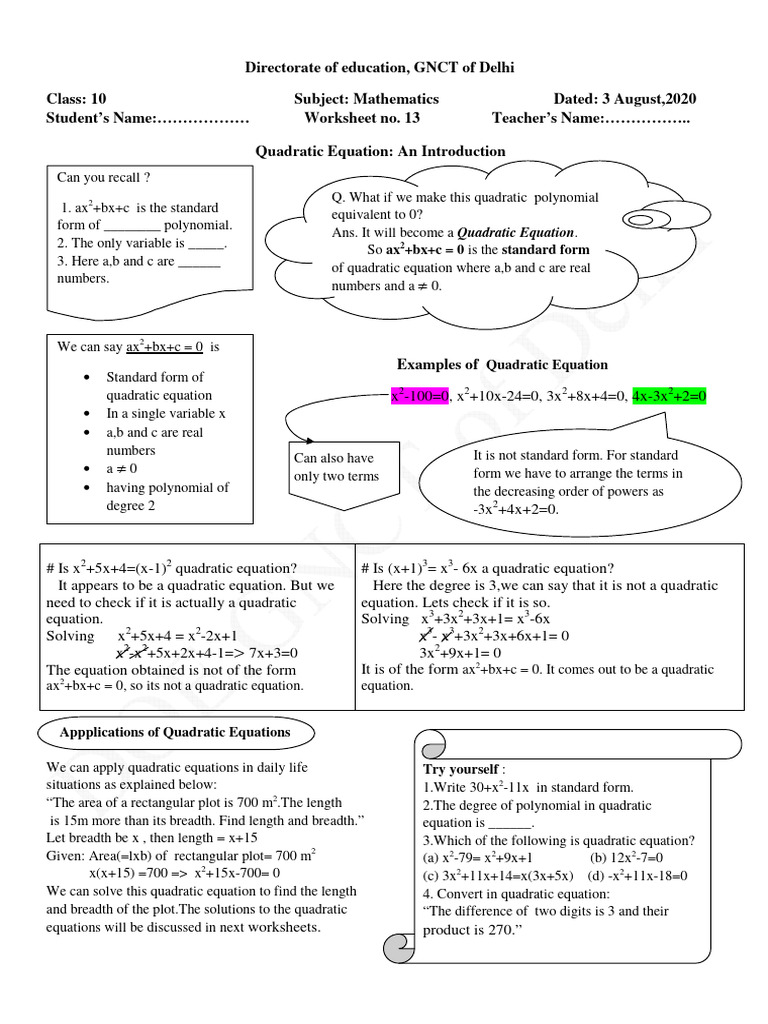Introduction to Quadratic Equations | PDF | Quadratic Equation | Equations