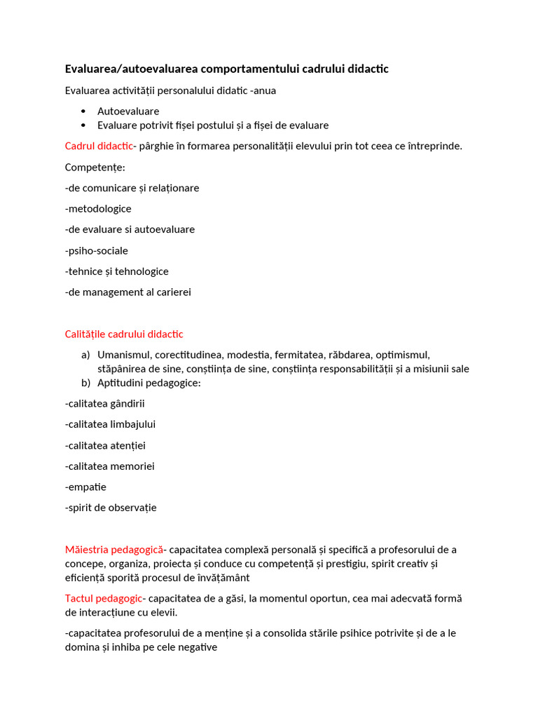 PREDAREA - Evaluarea Si Autoevaluarea Profesorului | PDF