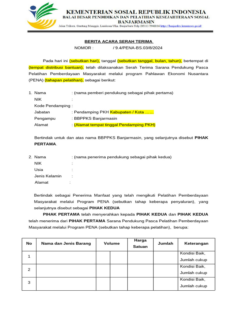 Berita Acara Serah Terima PENA | PDF