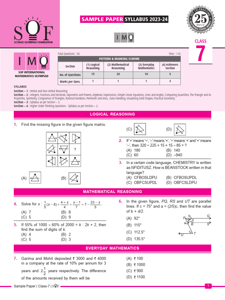 IMO Class 7 Sample Paper 2023-24 | PDF | Mathematics | Odds