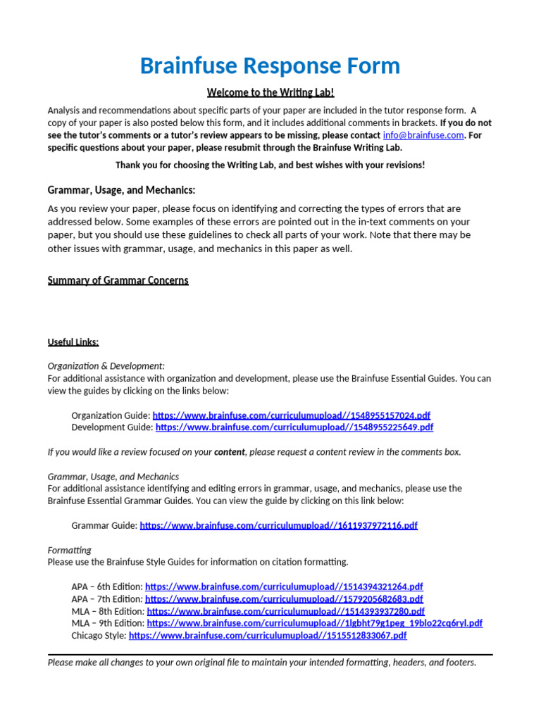 Brainfuse Writing Lab Response Form | PDF