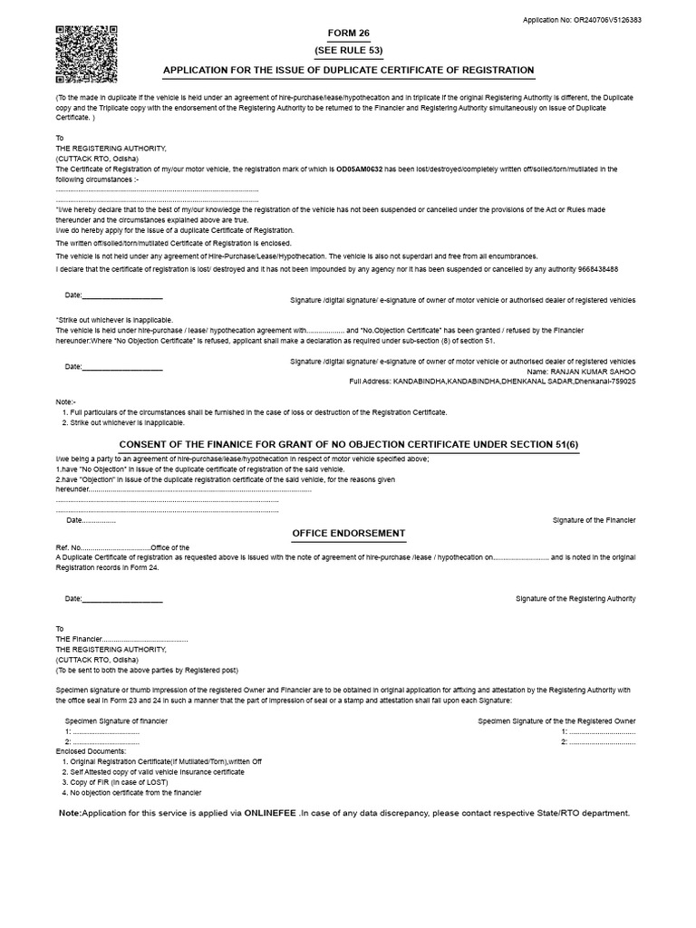 RTO 26 Duplicate Registration Application | PDF | Common Law