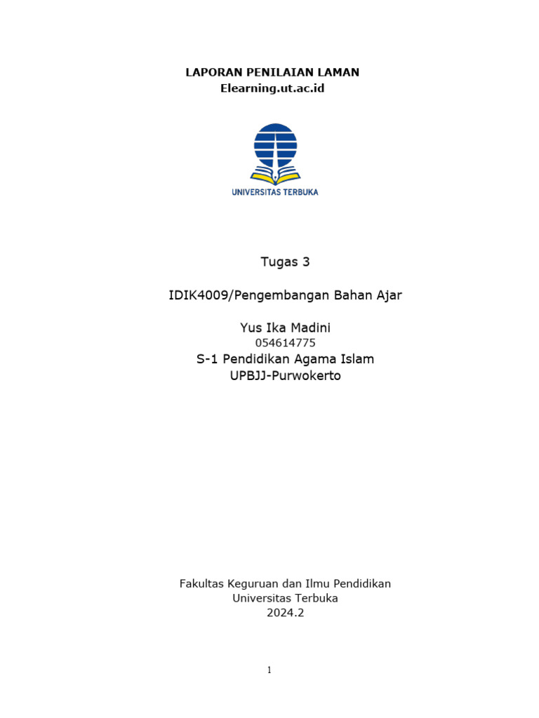 Laporan Penilaian Elearning UT | PDF
