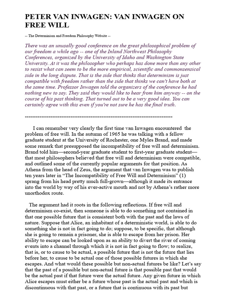 Van Inwagen on Free Will and Determinism | PDF | Free Will | Determinism