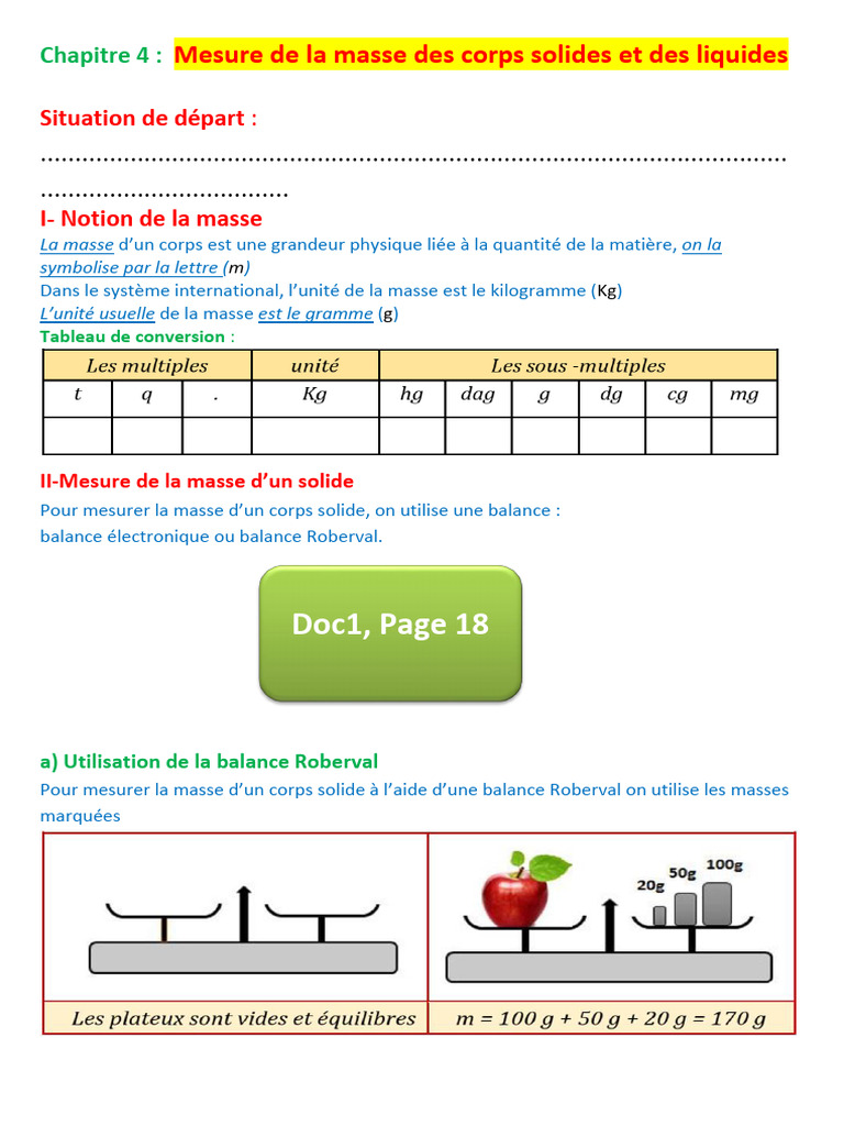 Mesure de la masse des solides et liquides | PDF