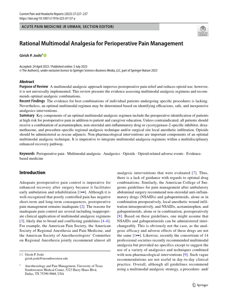 Multimodal Analgesia for Postoperative Pain | PDF | Analgesic | Pain ...