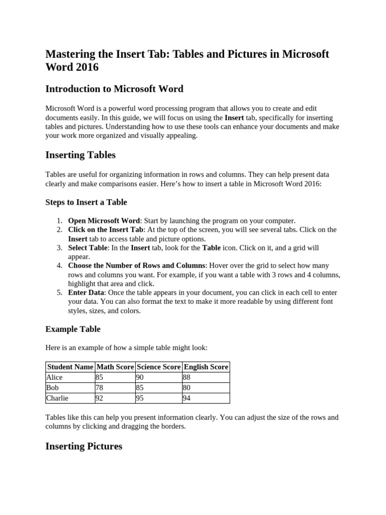 Inserting Tables and Pictures in Word 2016 | PDF | Microsoft Word ...