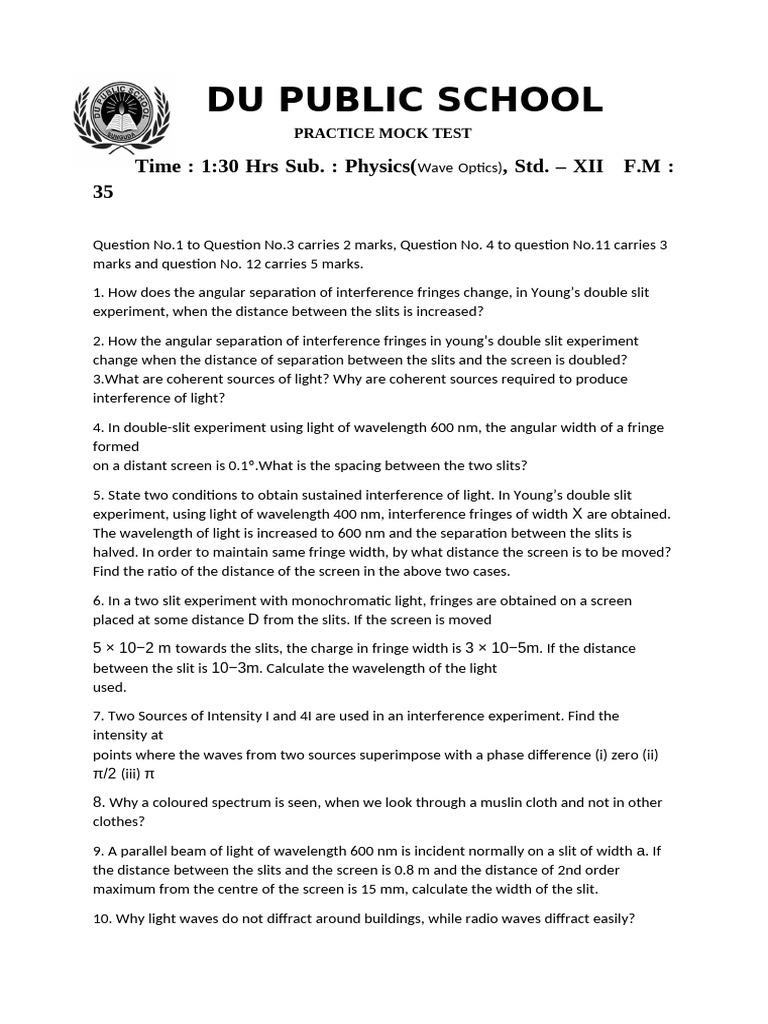 Wave Optics Mock Test for XII Students | PDF | Diffraction | Wavelength