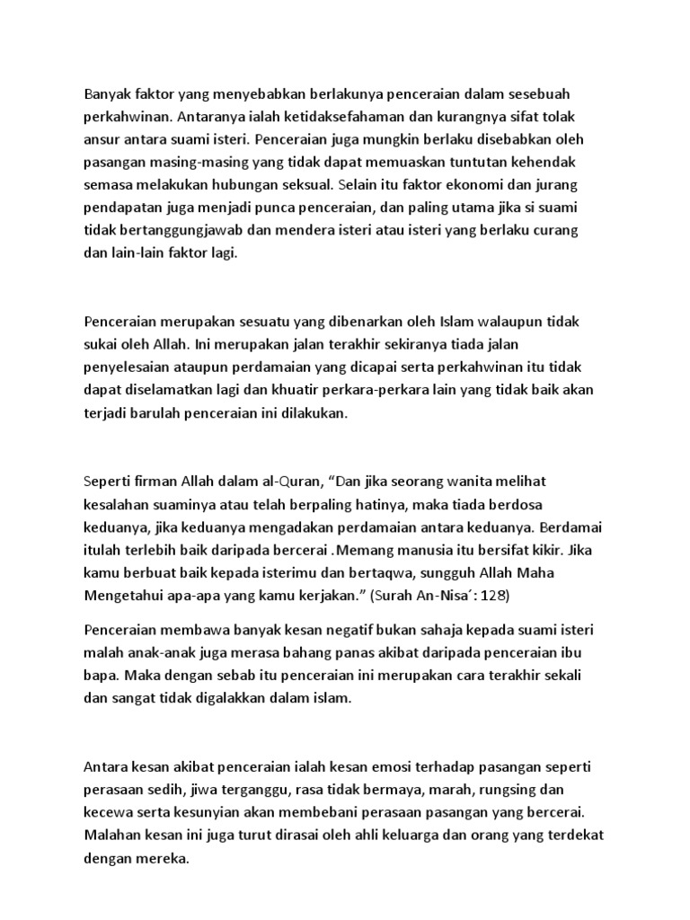 Banyak Faktor Yang Menyebabkan Berlakunya Penceraian Dalam Sesebuah An Pdf