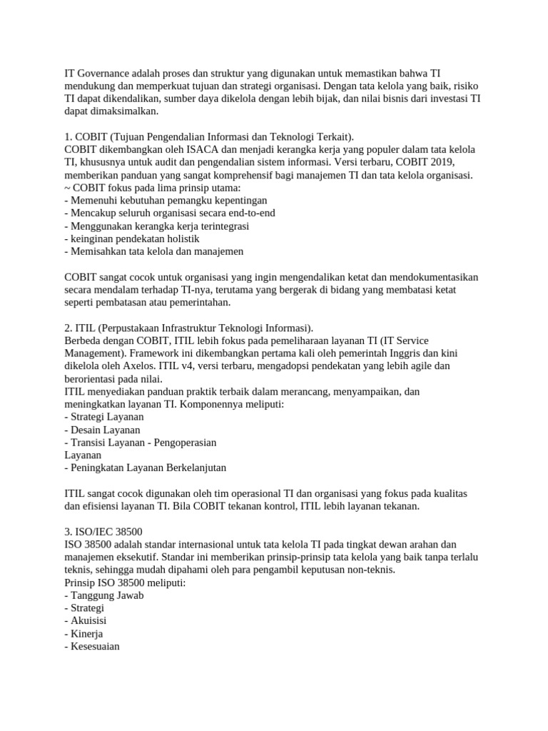 Panduan Tata Kelola TI: COBIT, ITIL, ISO 38500 | PDF