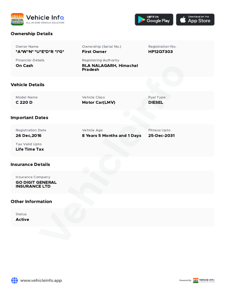 Vehicle Registration Details Summary | PDF