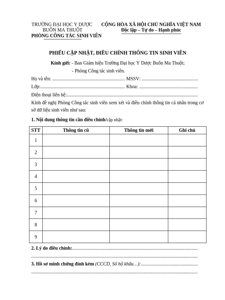 HRM Phieu Cap Nhat, Dieu Chinh Thong Tin Sinh Vien 4316 | PDF