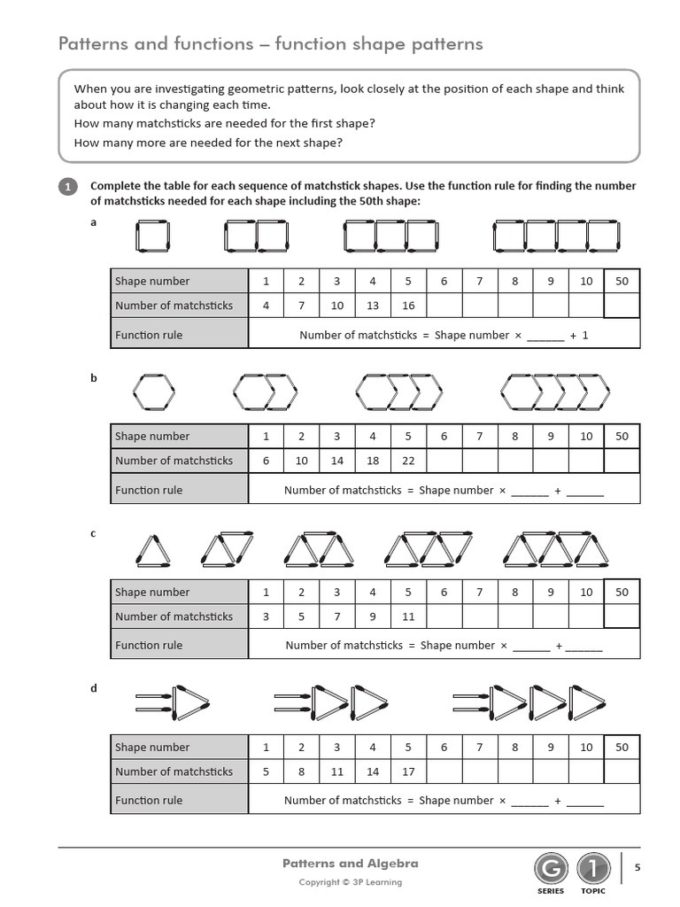 Matchstick Patterns and Functions Worksheet | PDF | Shape | Geometric ...