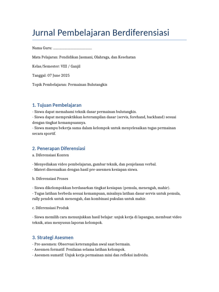 Jurnal Pembelajaran Berdiferensiasi Bulutangkis | PDF