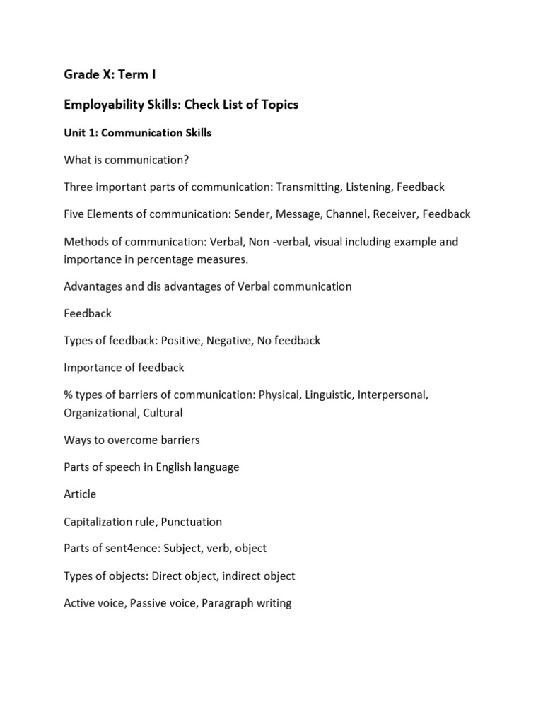 Grade X: Term I Employability Skills: Check List of Topics | PDF