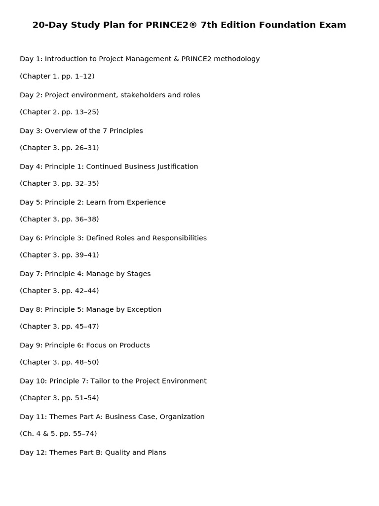 20-Day PRINCE2® Foundation Study Plan | PDF