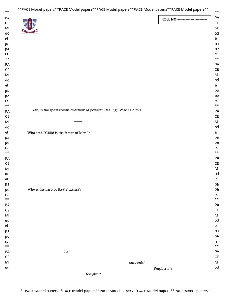PACE Model Papers for BS English | PDF | William Wordsworth | Percy ...