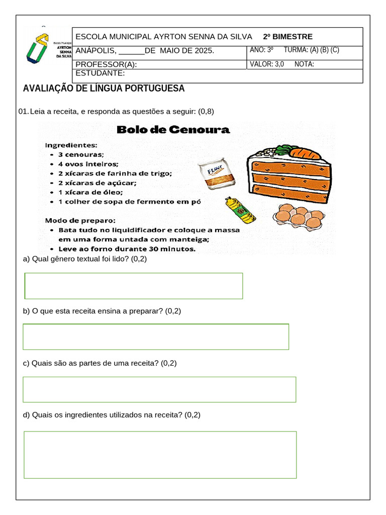 Avaliação de Língua Portuguesa 3º Ano | PDF