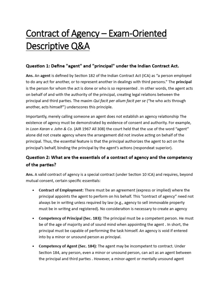 Contract of Agency Question Answer Notes | PDF | Law Of Agency | Legal ...