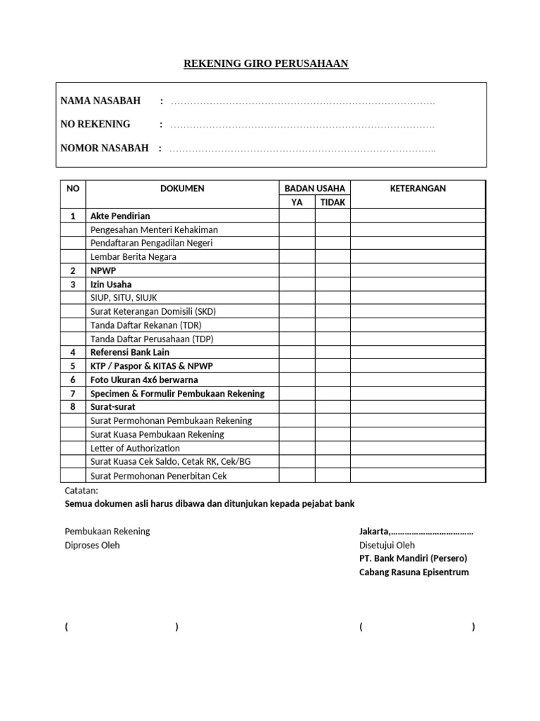 Contoh Pembukaan Rekening Giro Mandiri | PDF