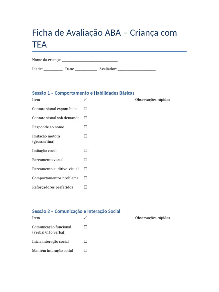 Avaliação ABA para Crianças com TEA | PDF