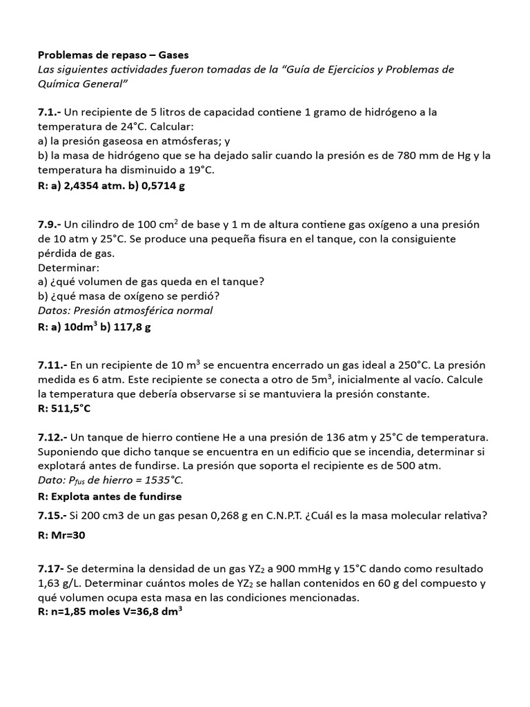 Problemas de Repaso Gases - 2025 | PDF | Gases | Presión
