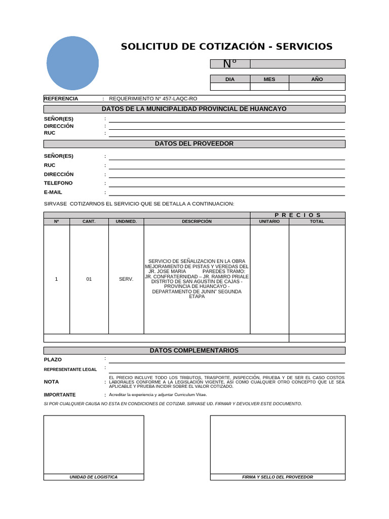 Solicitud De Cotizaci n Para Servicios De Se alizaci n PDF