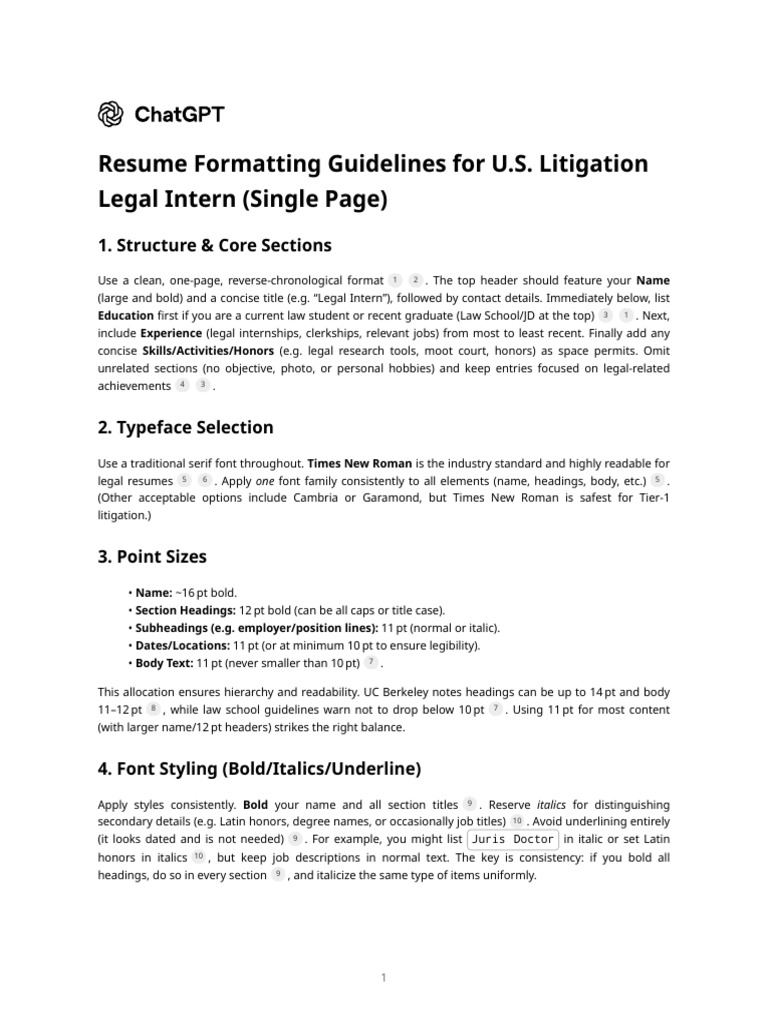 Resume Formatting Guidelines For U.S. Litigation Legal Intern (Single ...