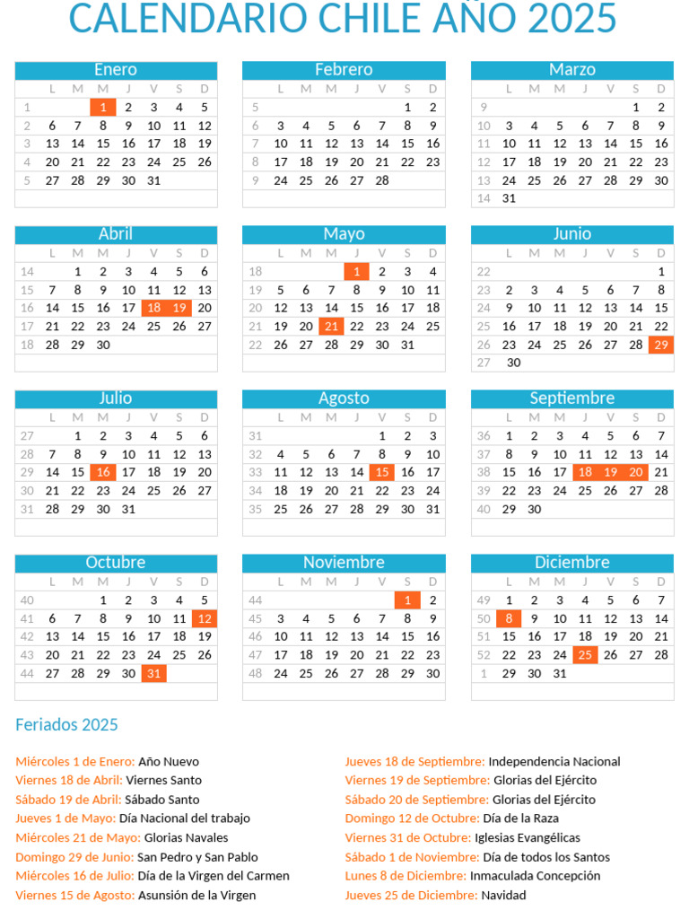 Calendario Chile 2025 con Feriados PDF