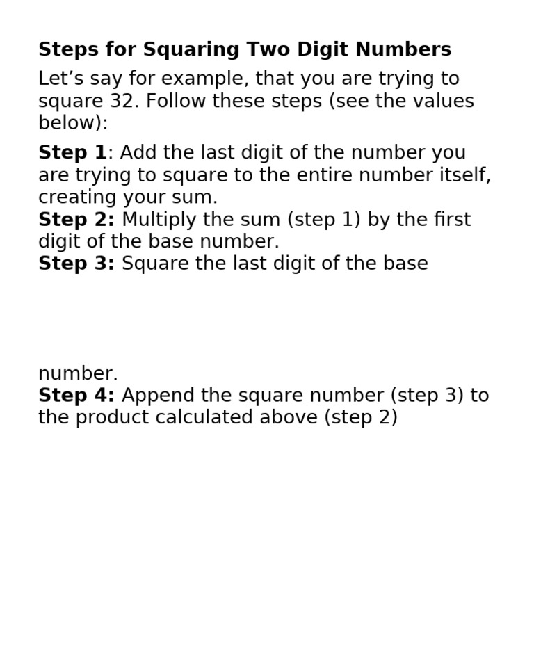 Steps For Squaring Two Digit Numbers | PDF