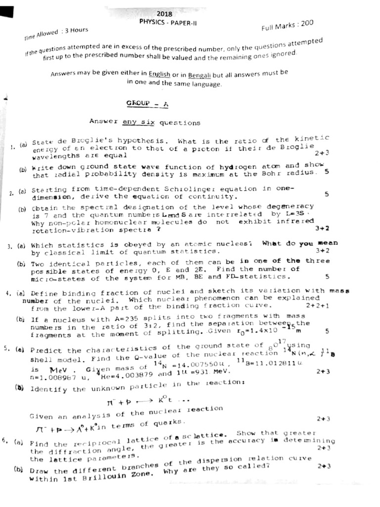 W.B.C.S. Main 2018 Optional Question Paper Physics Paper II | PDF