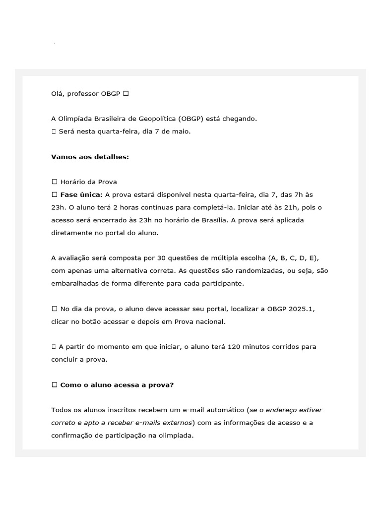 Prova OBGP 2025: Detalhes e Acesso | PDF | Senha