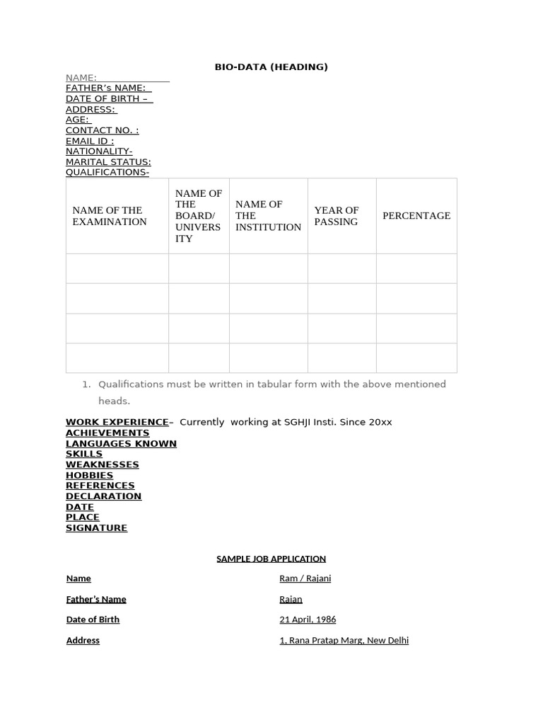 Biodata Format and Sample Guide | PDF