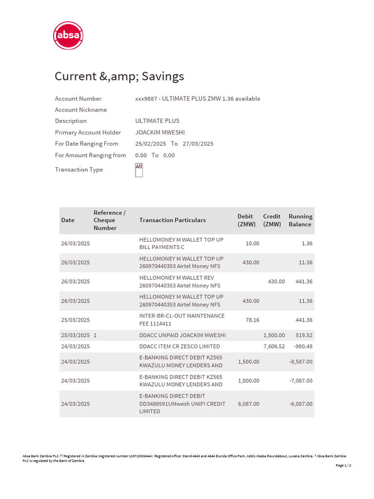 Current &,amp Savings: Date Reference / Cheque Number Transaction ...